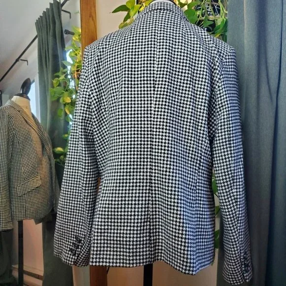 VINTAGE | Black White Checkered Gingham Plaid Wool Blend Blazer (Size XL) - Picture 8 of 10